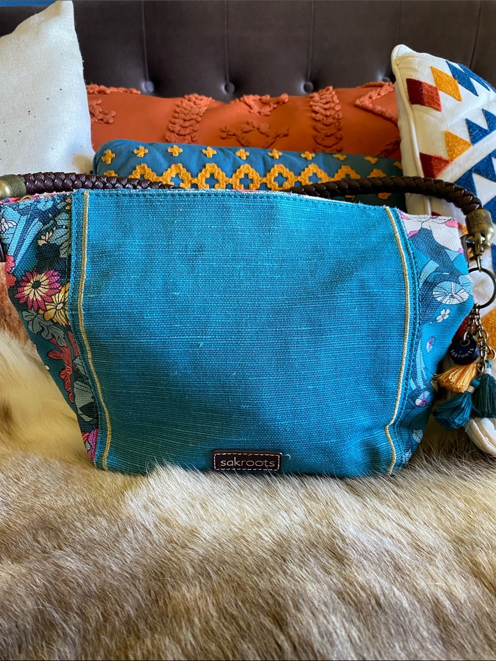 Sakroots Teal Canvas Shoulder Bag with Floral Side Panels and Tassel Charm